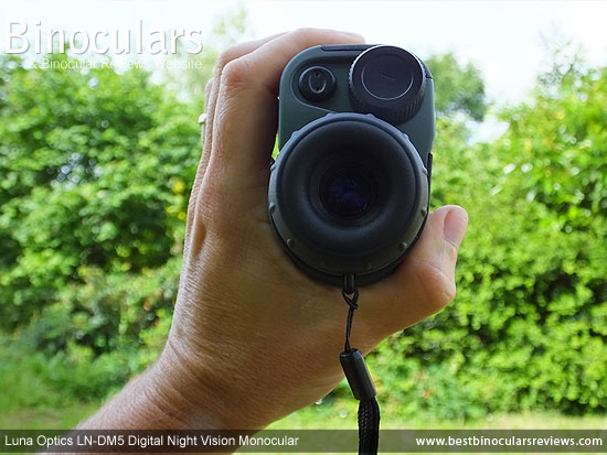 Me holdling the Luna Optics LN-DM5 Digital Night Vision Monocular