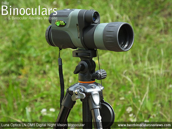 Luna Optics LN-DM5 Digital Night Vision Monocular mounted on a tripod using the Vanguard GH-100 Pistol Grip