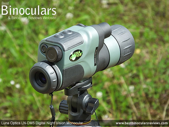 Luna Optics LN-DM5 Digital Night Vision Monocular mounted on a tripod using the Vanguard GH-100 Pistol Grip