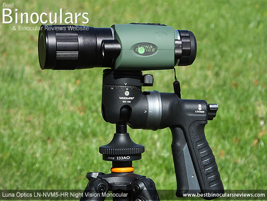 Luna Optics LN-NVM5-HR Night Vision Monocular mounted on a tripod using the Vanguard GH-100 Pistol Grip