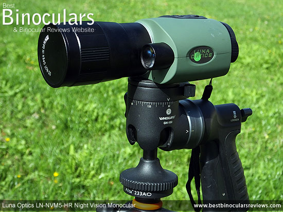Luna Optics LN-NVM5-HR Night Vision Monocular mounted on a tripod using the Vanguard GH-100 Pistol Grip
