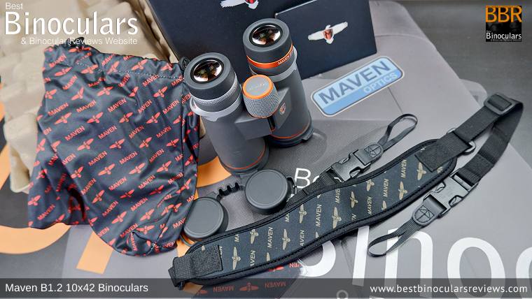 Maven B1.2 10x42 Binoculars with neck strap, carry case and lens covers