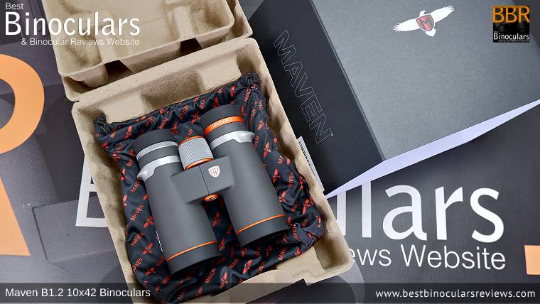 Maven B1.2 10x42 Binoculars in their box with carry bag