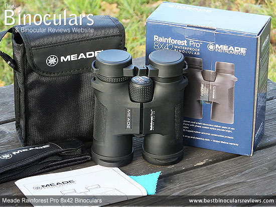 Meade Rainforest Pro 8x42 Binoculars with neck strap, carry case and rain-guard