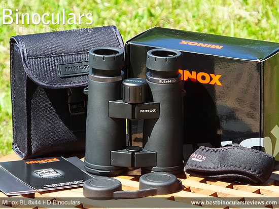 Minox BL 8x44 HD Binoculars with neck strap, carry case and rain-guard