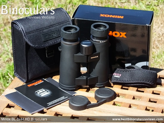 Minox BL 8x44 HD Binoculars with neck strap, carry case and rain-guard