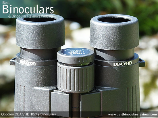 Lockable Diopter Adjustment on the central focus wheel of the Opticron DBA VHD 10x42 Binoculars