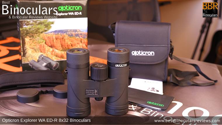 Opticron Explorer WA ED-R 8x32 Binoculars and accessories plus packaging