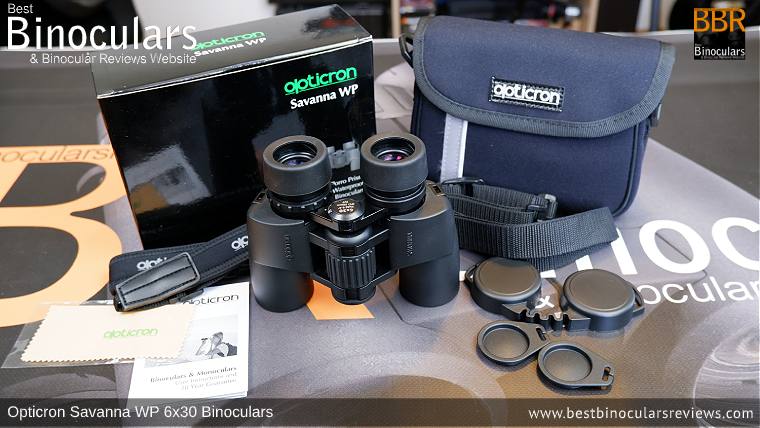 Opticron Savanna WP 6x30 Binoculars and accessories plus packaging