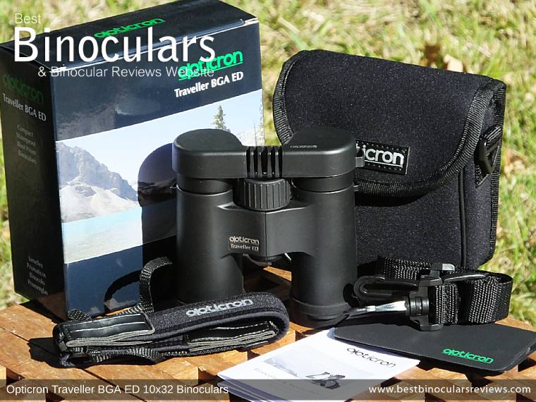 Opticron Traveller BGA ED 10x32 Binoculars and accessories plus packaging