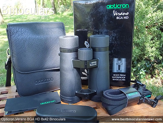 Carry Case, Neck Strap, Cleaning Cloth, Lens Covers & the the Opticron Verano BGA HD 8x42 Binoculars