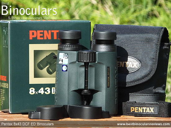 Pentax 8x43 DCF ED Binoculars with neck strap, carry case and rain-guard