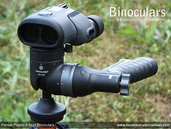 Pentax Papilio 8.5x21 Binoculars mounted on a Tripod