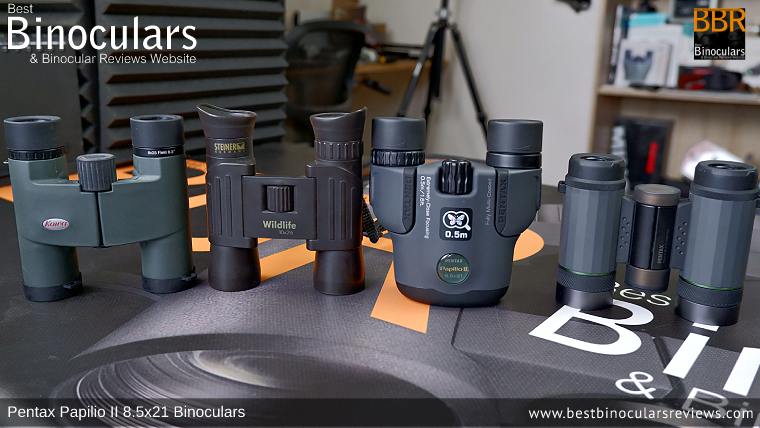 Compact Binocular Size Comparison (Open): Kowa BD 8x25 vs  Steiner Wildlife 10x26 vs Pentax Papilio II 8.5x21 vs Pentax VD 4x20 Binoculars