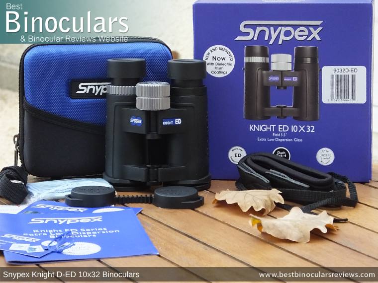 Snypex Knight D-ED 10x32 Binoculars and accessories plus packaging