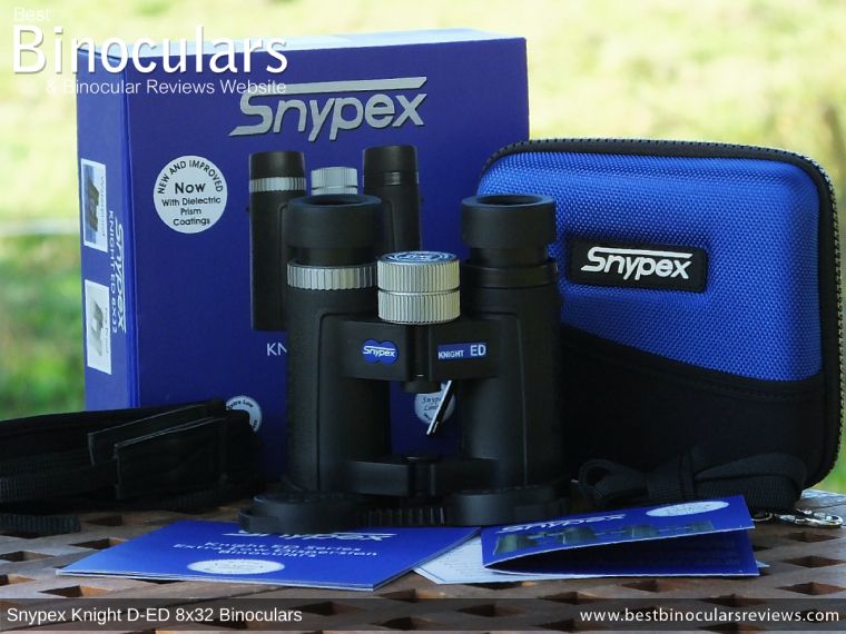 Snypex Knight D-ED 8x32 Binoculars and accessories plus packaging