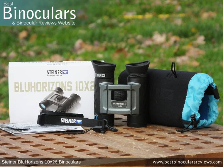 Carry Case, Neck Strap, Cleaning Cloth, Lens Covers & the Steiner BluHorizons 10x26 Binoculars