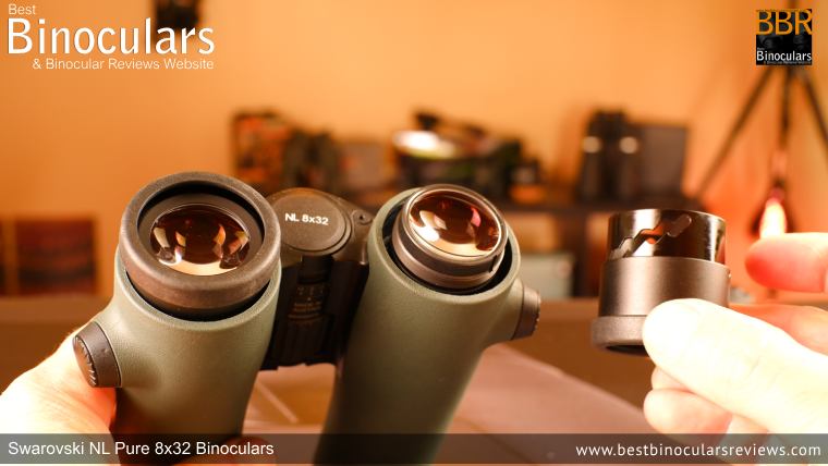 Removable eyecups showing the large 25mm Oculars on the Swarovski NL Pure 8x32 Binoculars