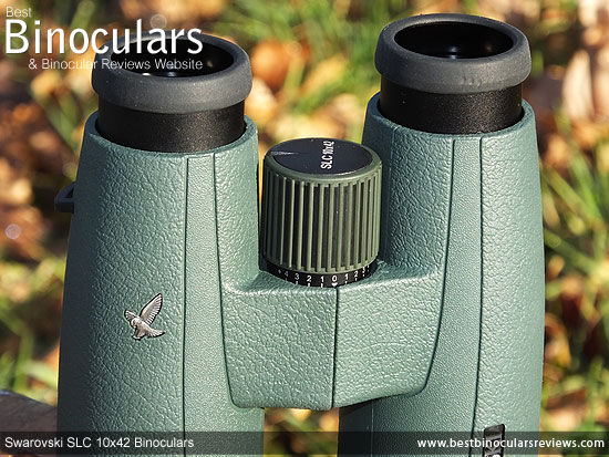 Lockable Diopter Adjustment on the central focus wheel of the Swarovski SLC 10x42 Binoculars