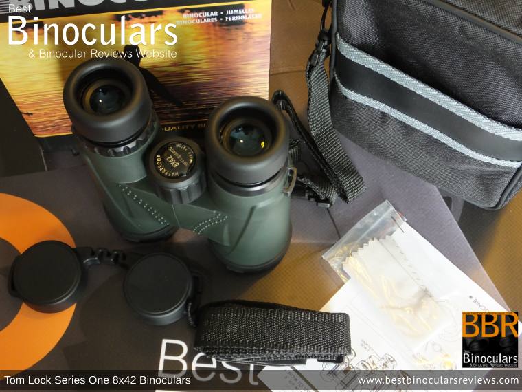 Tom Lock Series One 8x42 Binoculars with neck strap, carry case and lens covers