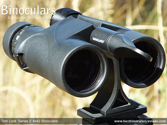 Tom Lock Series 2 8x42 Binoculars mounted on a tripod