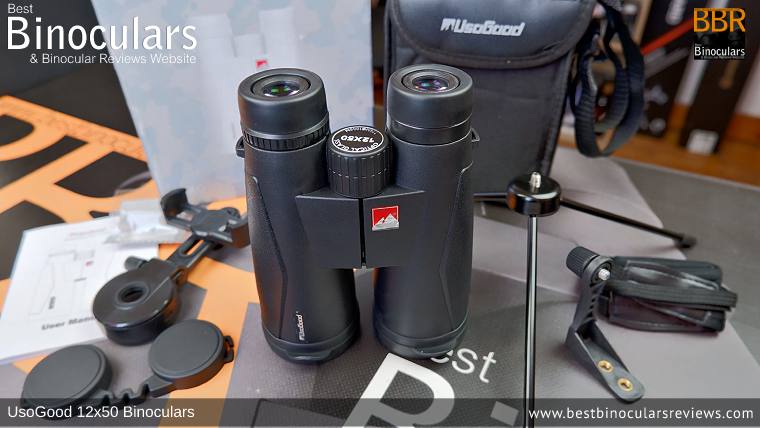 UsoGood 12x50 Binoculars and accessories plus packaging