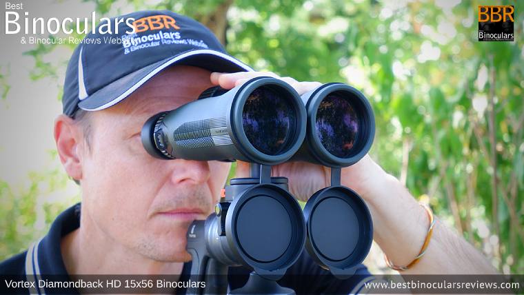 Looking through the Vortex Diamondback HD 15x56 Binoculars mounted on a tripod