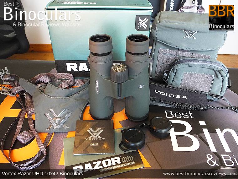 Vortex Razor UHD 10x42 Binoculars with neck strap, bino harness, carry case, accessory pouch, cleaning cloth and lens covers