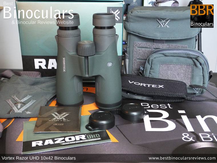 Bino Harness/Case, Neck Strap, Cleaning Cloth, Lens Covers & the Vortex Razor UHD 10x42 Binoculars