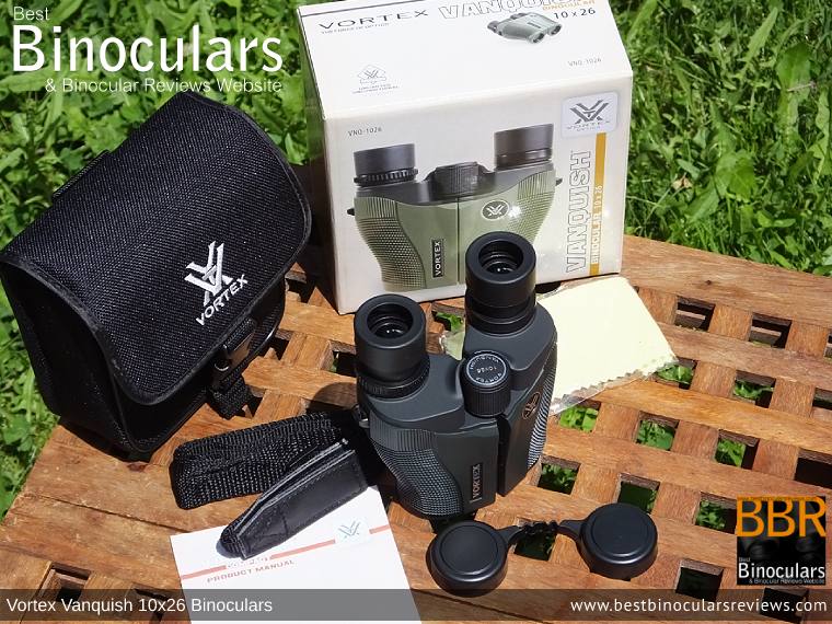 Vortex Vanquish 10x26 Binoculars with neck strap, carry case and lens covers