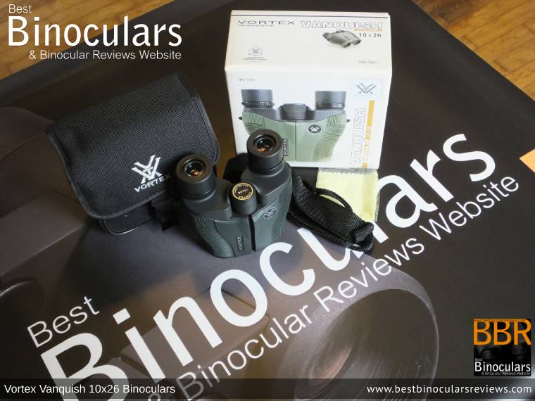 Carry Case, Neck Strap, Cleaning Cloth, Lens Covers & the Vortex Vanquish 10x26 Binoculars