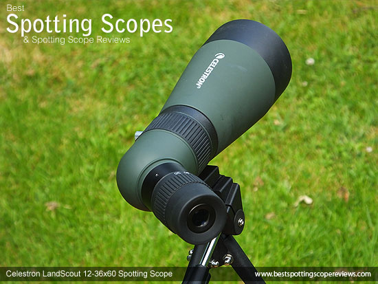 The Celestron LandScout 12-36x60 Spotting Scope mounted on a tripod using a pistol grip