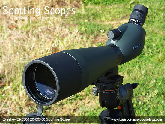 The Eyeskey EK8380 20-60x80 Spotting Scope mounted on a tripod using a pistol grip