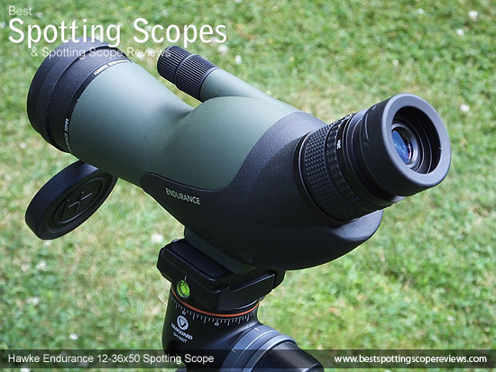 Side view of the Hawke Endurance 12-36x50 Spotting Scope mounted on a tripod using a pistol grip