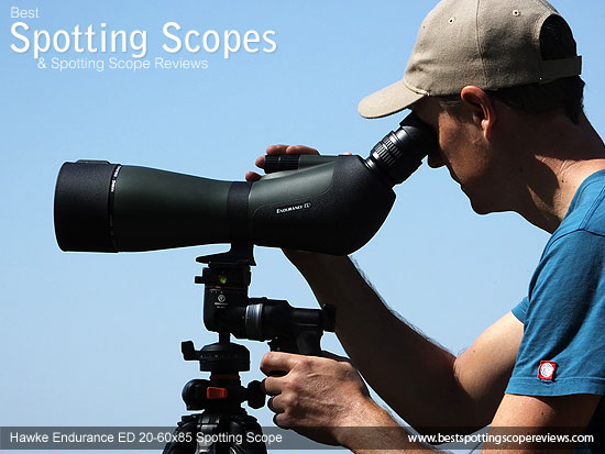 Me focusing the Hawke Endurance ED 20-60x85 Spotting Scope mounted on a tripod using a pistol grip