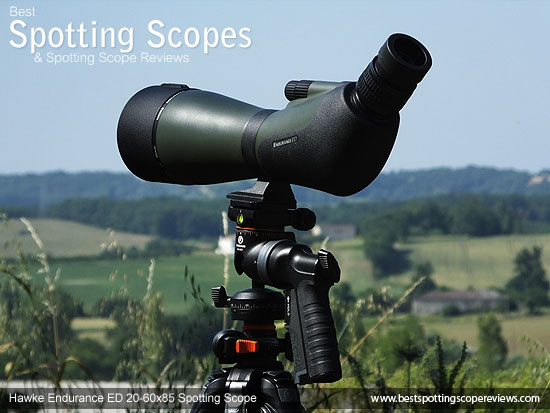 The Hawke Endurance ED 20-60x85 Spotting Scope mounted on a tripod using a pistol grip