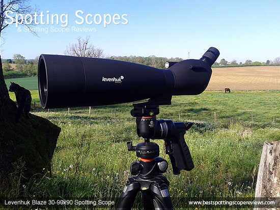 Levenhuk 30-90x90 Spotting Scope mounted on a tripod using a pistol grip