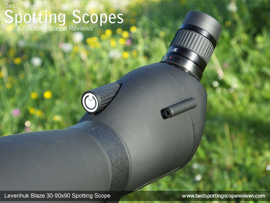 Focus Wheel, aiming sight and eyepiece on the Levenhuk 30-90x90 Spotting Scope