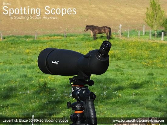 The Levenhuk 30-90x90 Spotting Scope mounted on a tripod using a pistol grip