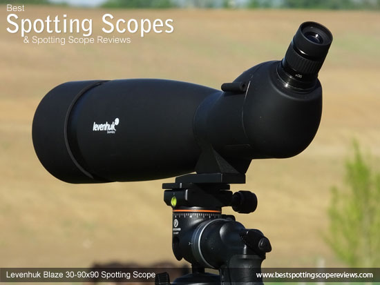 The Levenhuk 30-90x90 Spotting Scope mounted on a tripod using a pistol grip