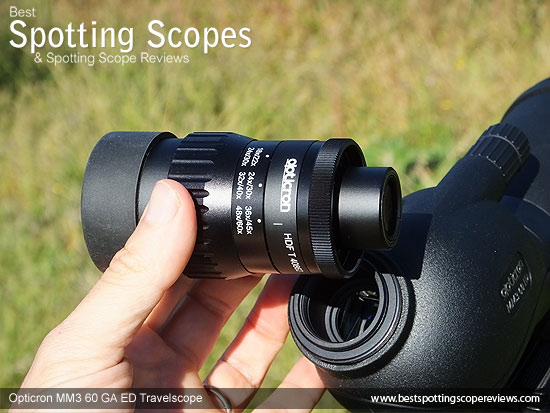 Eyepiece on the Opticron MM3 60 GA ED Travelscope