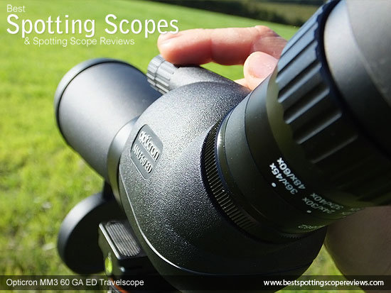 Focus Wheel, aiming sight and eyepiece on the Opticron MM3 60 GA ED Travelscope