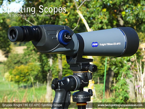 The Snypex Knight T80mm ED APO Spotting Scope mounted on a tripod using a pistol grip